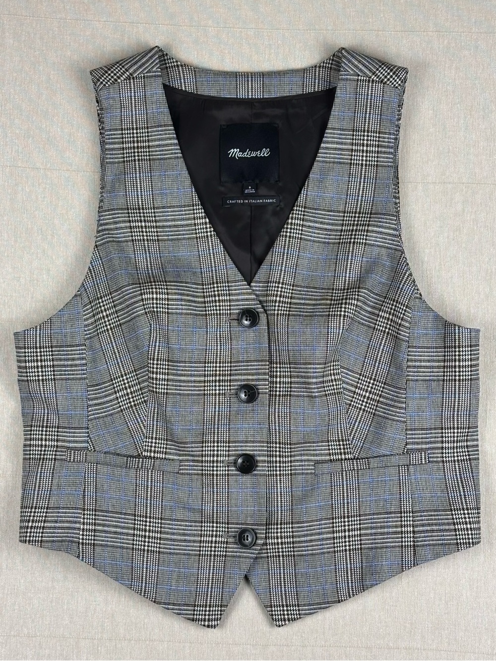 Madewell Size 8 Italian Wool Blend Glen Plaid Tailored Suit Vest Gray Blue